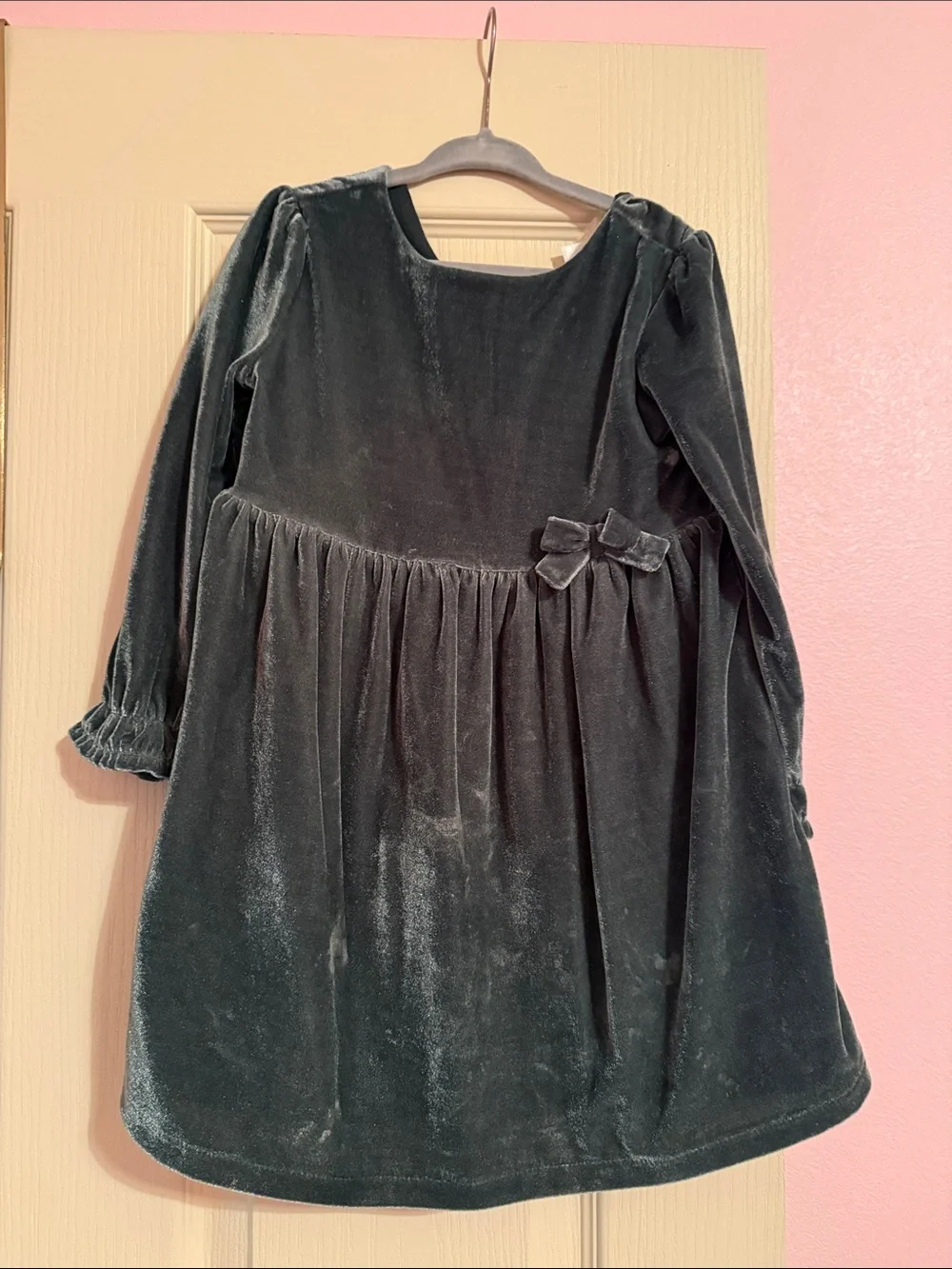 Girls Velvet Long-Sleeve Bow Dress — Dark Green